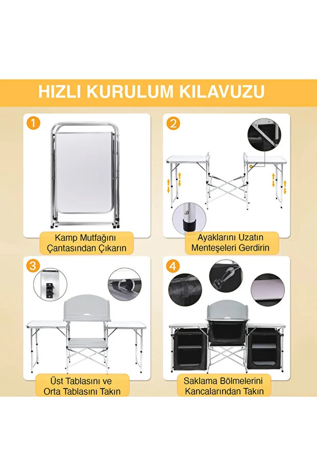 Kamp Mutfağı, Katlanır Alüminyum Kamp Yemek Pişirme Tezgahı (3 Dolaplı -Hareli Ceviz Desenli) Kamp Mutfağı, Katlanır Alüminyum Kamp Yemek Pişirme Tezgahı (3 Dolaplı -Hareli Ceviz Desenli)